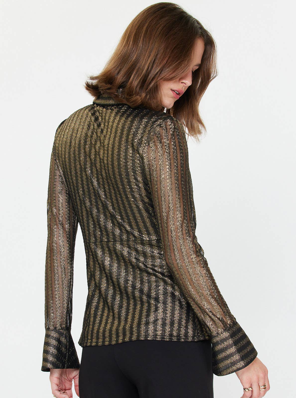 Black/Gold Metallic Striped Twist-Front Blouse