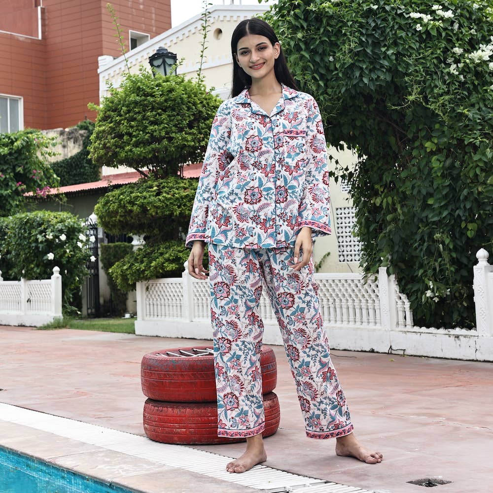 Women's Block Printed Pajamas- 3 Piece Set