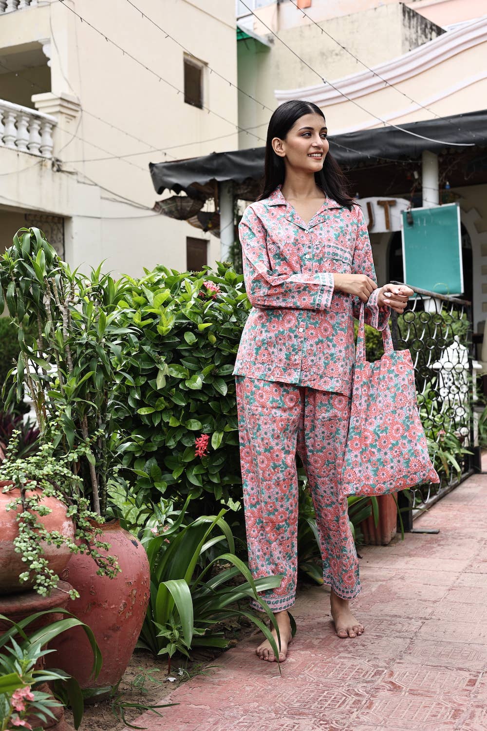 Zinnia Block Printed Cotton Pajamas- 3 Piece Set