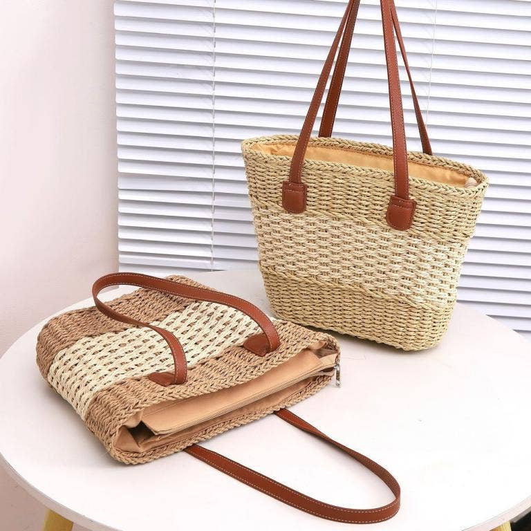 Striped Straw Bag with Zipper closure