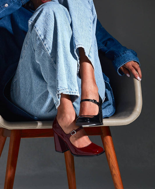 Jackie MaryJane Burgundy Patent Leather Heel