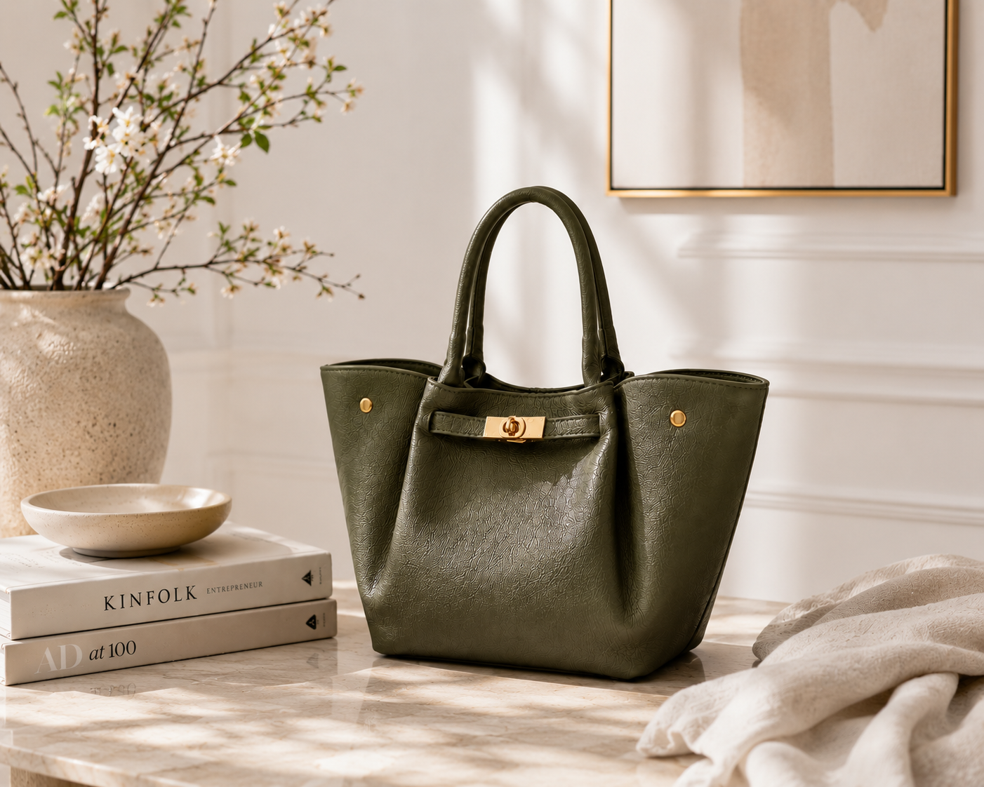 Yara Khaki Leather Handbag – Made in Italy