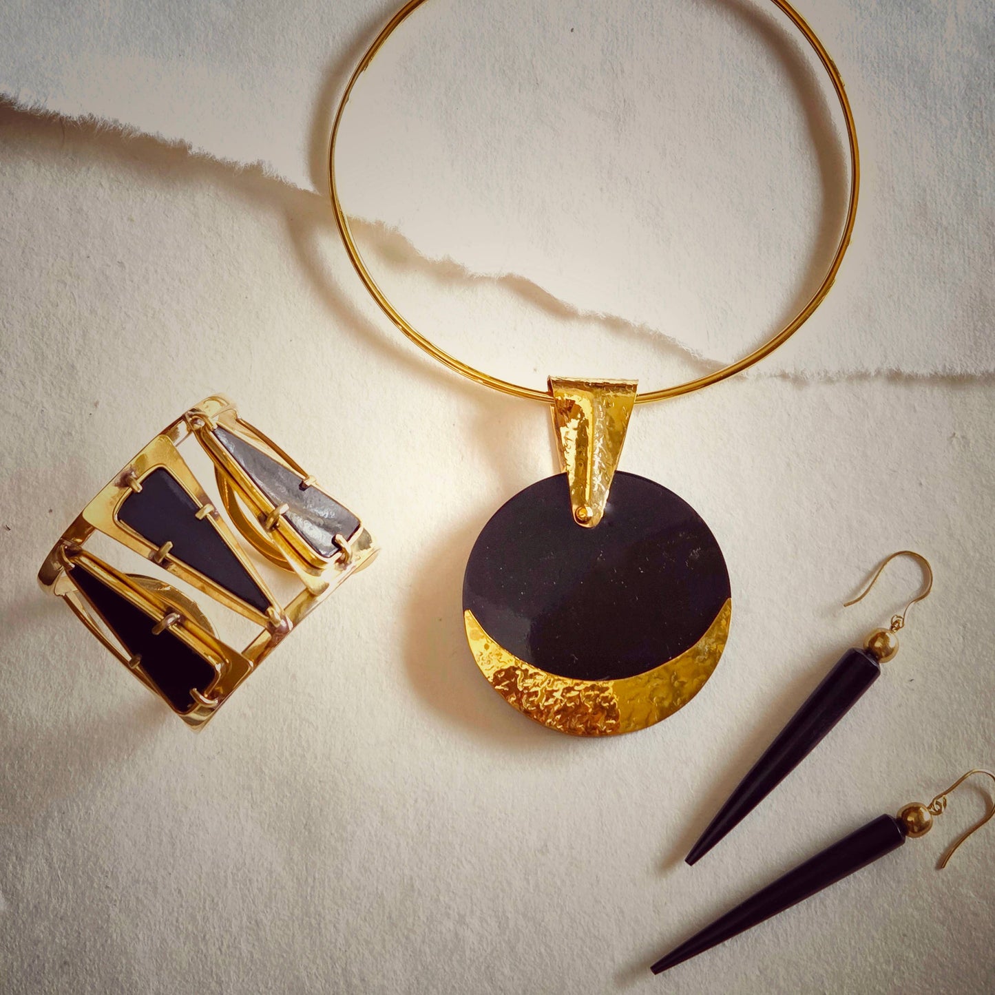 Brass horn black spike sphere earrings handmade