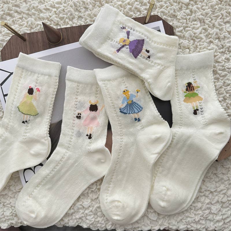 Women’s Sheer Cotton Crew Socks with Illustrated Girls