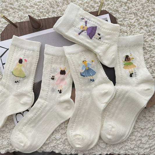 Women’s Sheer Cotton Crew Socks with Illustrated Girls