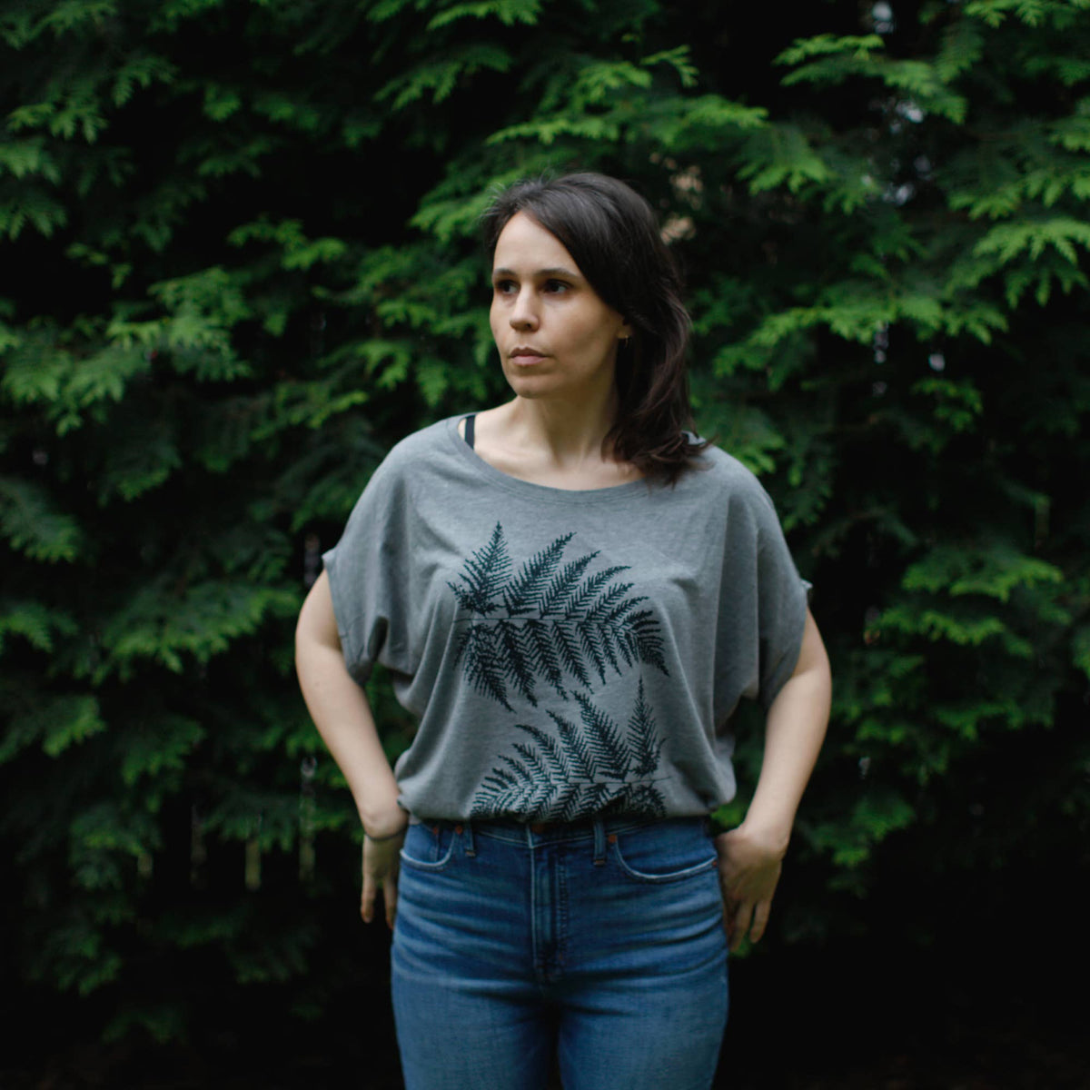 Forest Fern Leaves Womens Dolman Sleeve Bamboo Top Gray