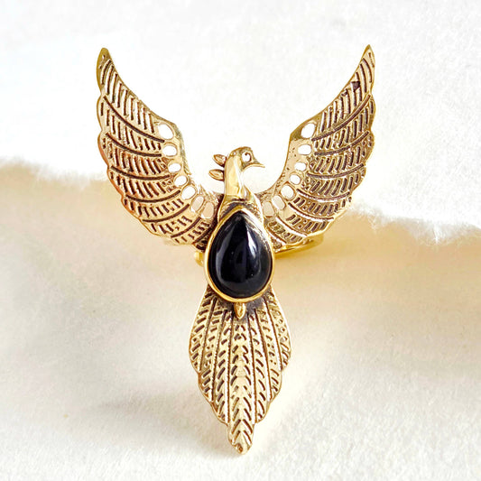 Brass pheonix ring design handmade onyx moonstone green agat