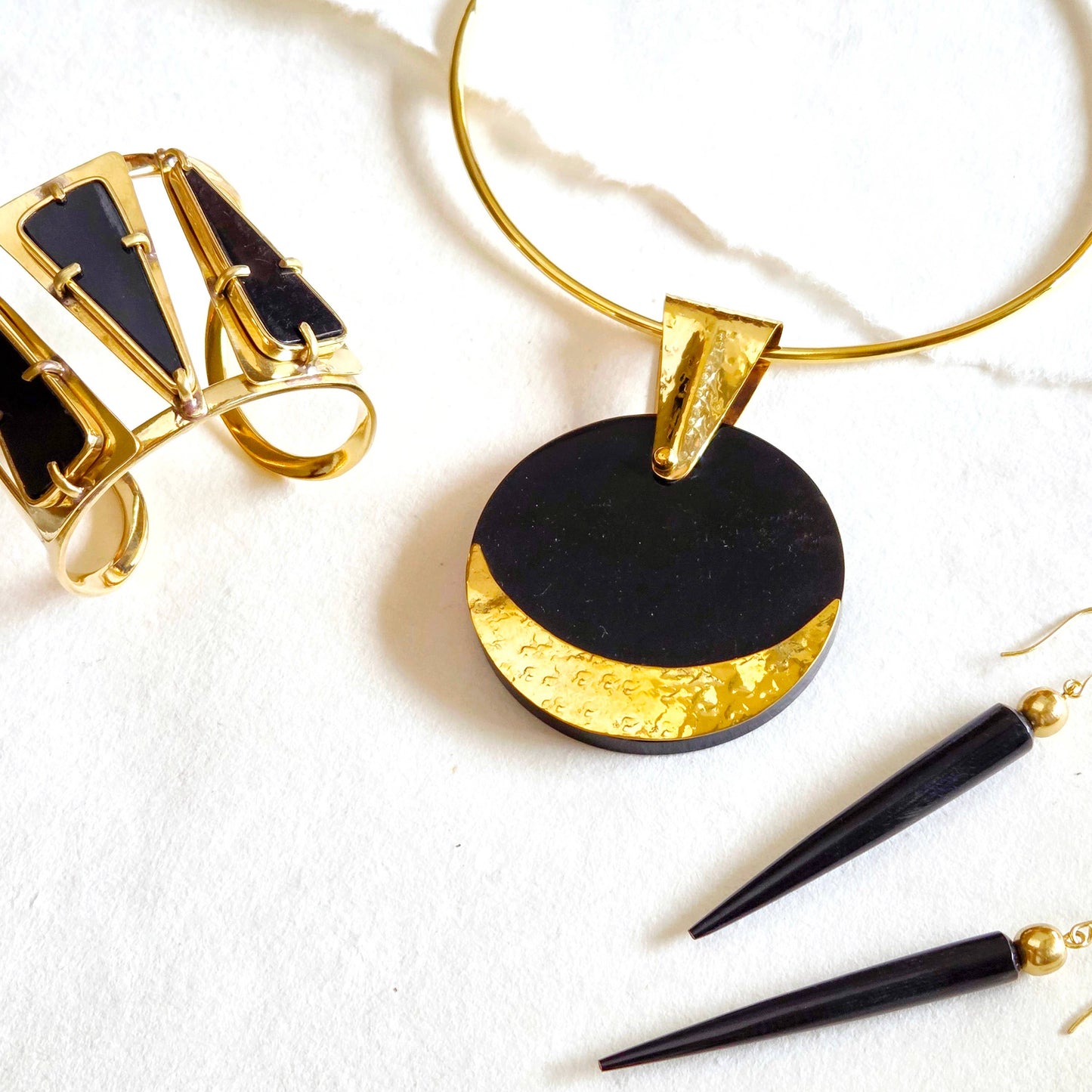 Brass horn black spike sphere earrings handmade