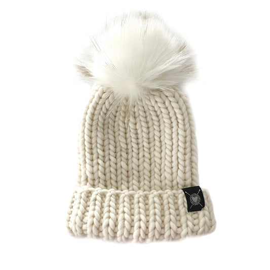 Merino Folded Brim Faux Fur Beanie in Winter White