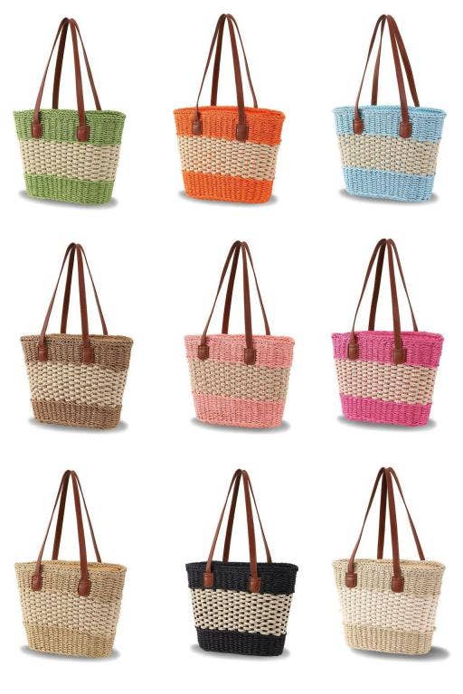 Striped Straw Bag with Zipper closure