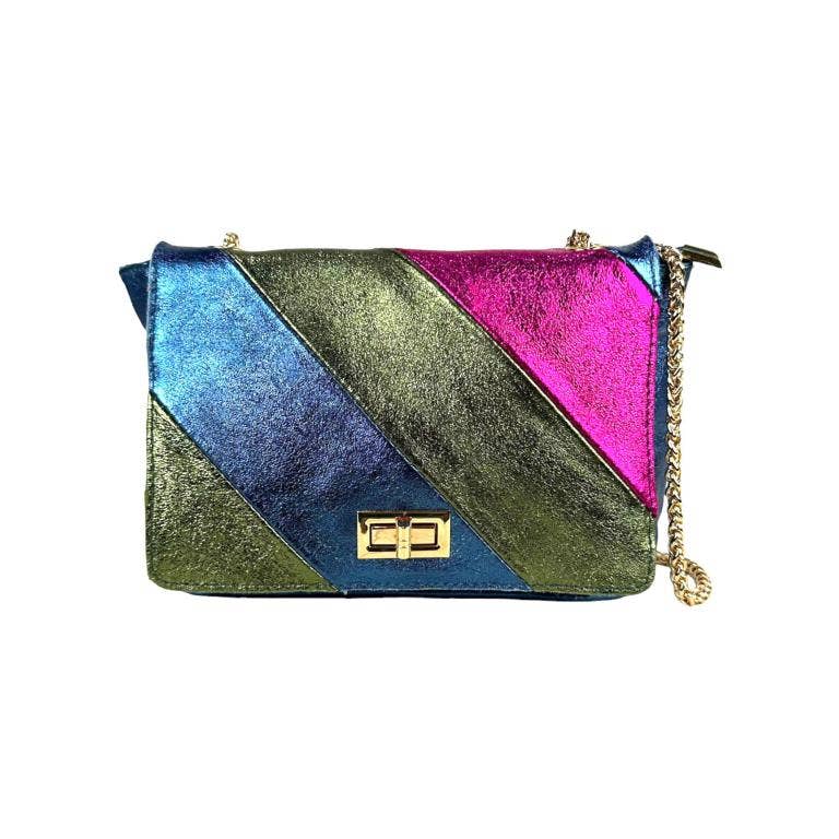 Women's Multicolored Leather Shoulder Bag with Shiny Effect