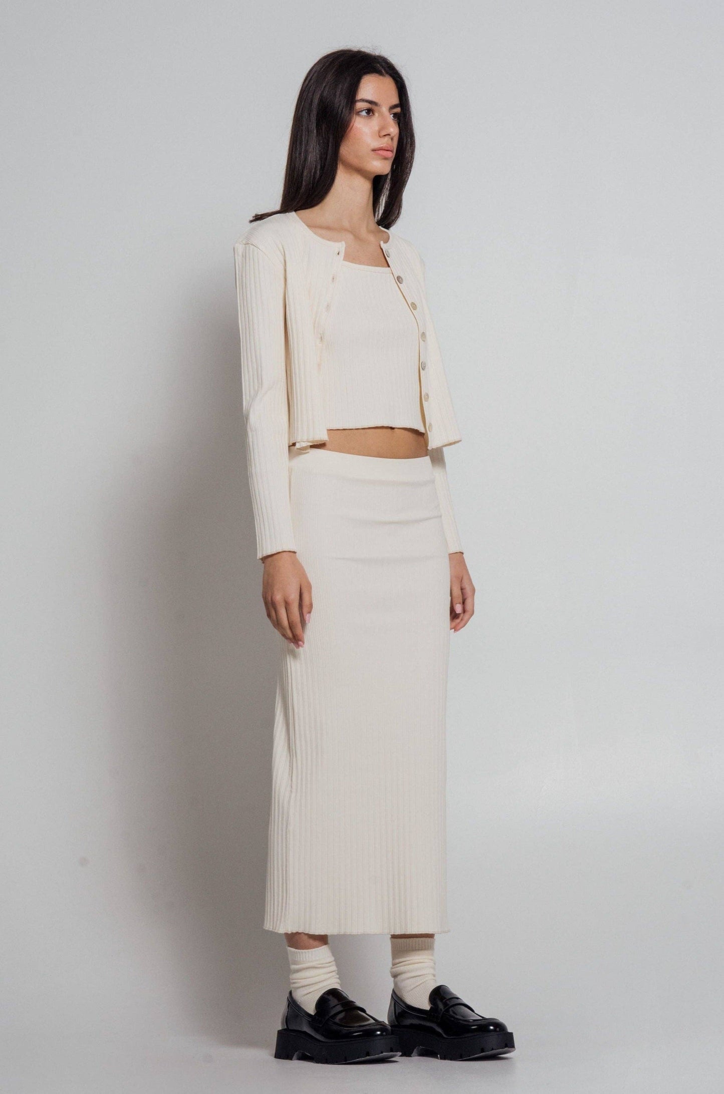 Organic Cotton Rib Knit Midi Skirt | Ivory