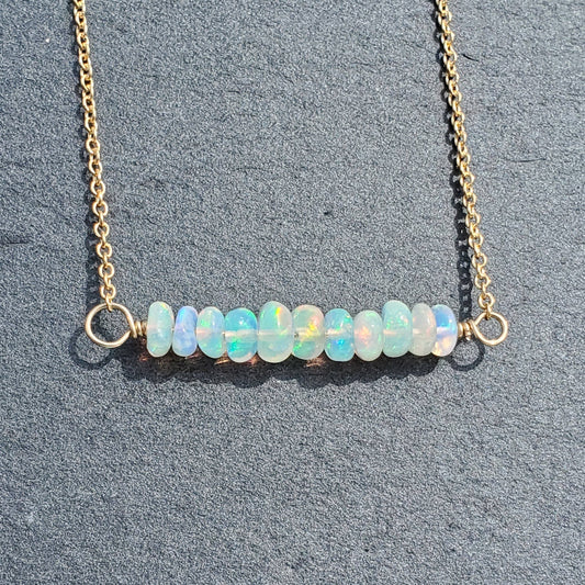 White Opal Beaded Bar Necklace | 14K Gold-Fill