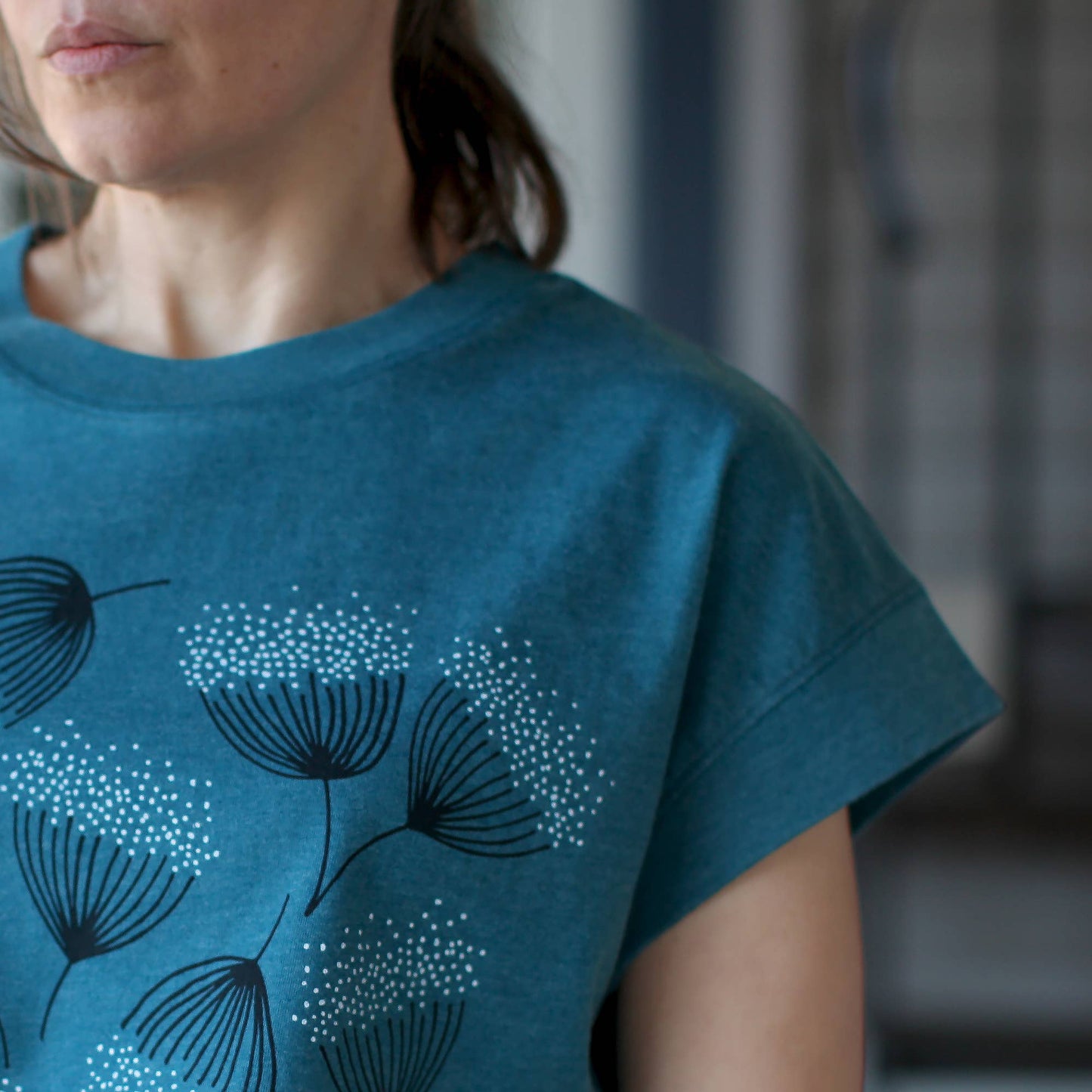 Eucalyptus Flowers Loose Fit Boxy Cap Sleeve Tee Deep Teal
