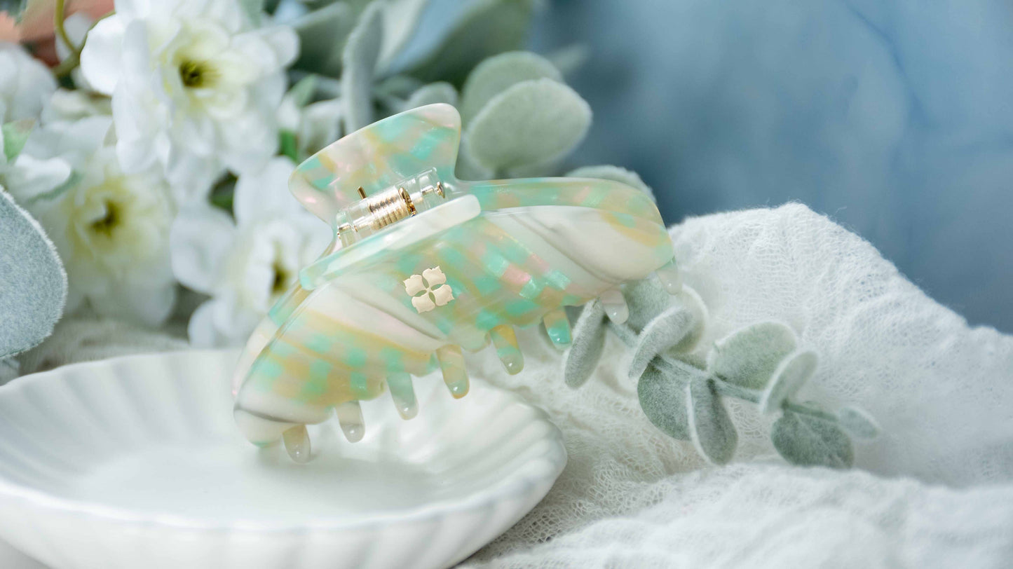Glamour Grip Mini Claw in Desert Opal | White Green Iridescent | Italian Acetate Tortoise Shell Small Hair Clip