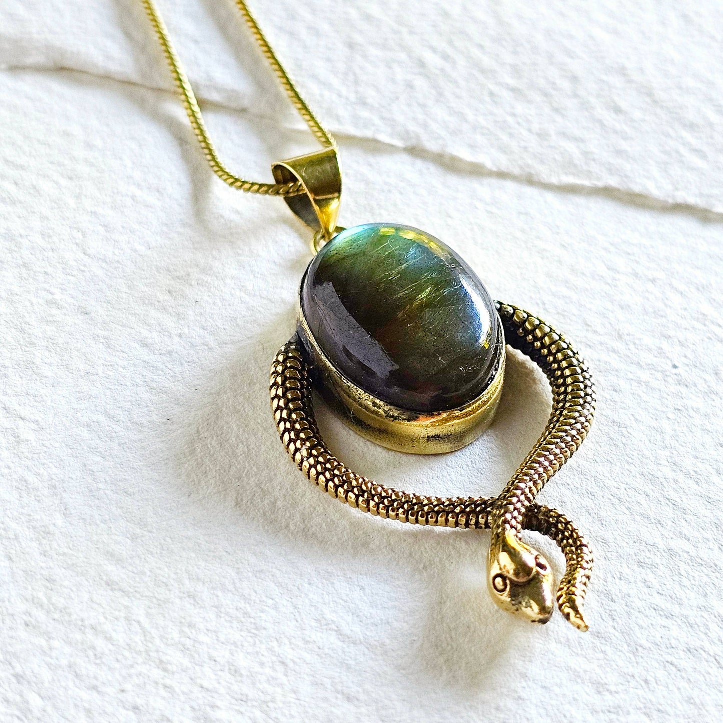 Brass Labradorite Snake Pendant Charm Necklace designer