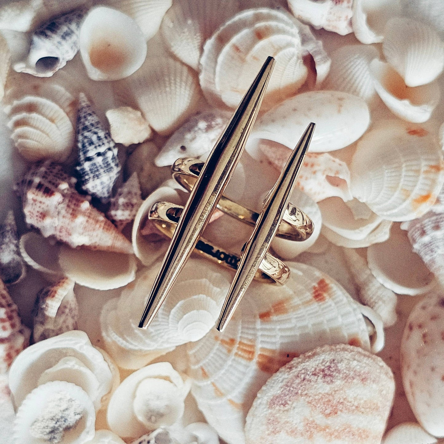 Solid brass double spike needle adjustable ring handcrafted