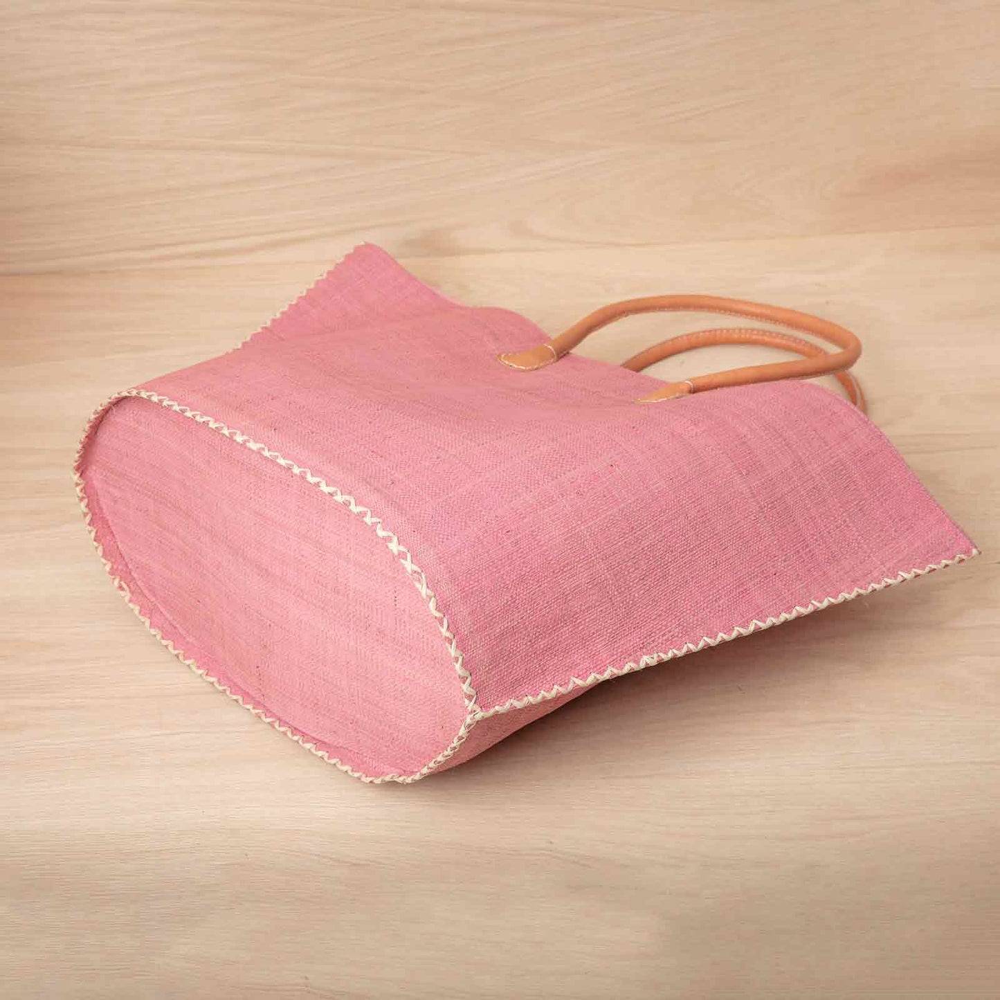 RAFFIA PINK with Leather Handle Tote Bag