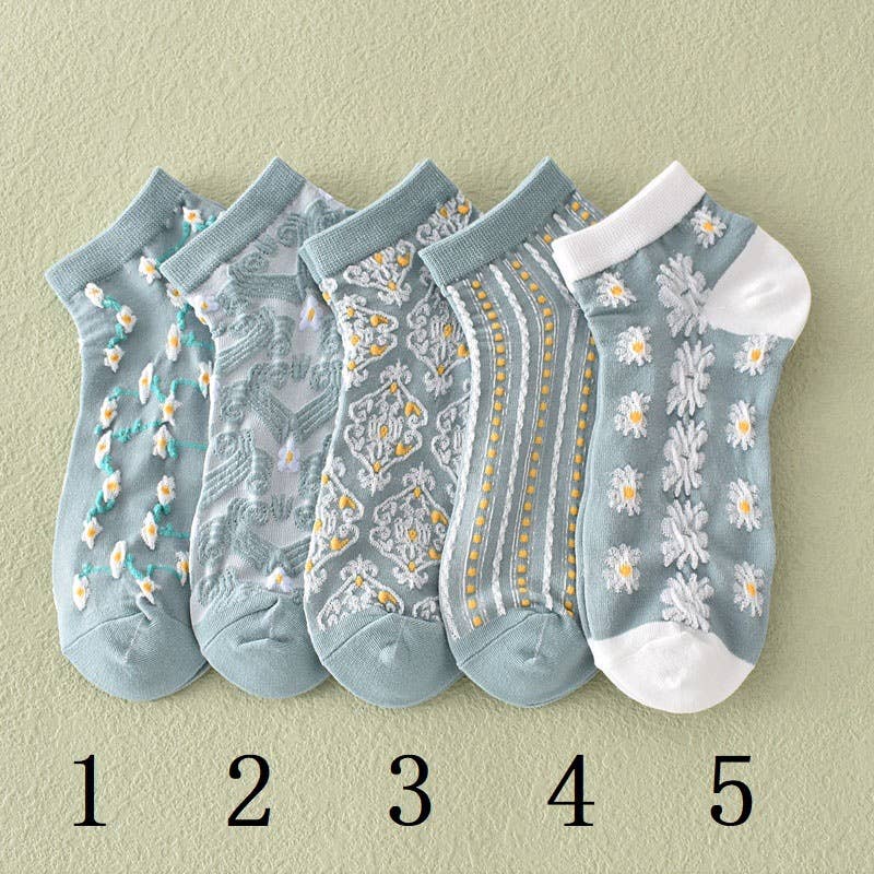 Blue Floral Ankle Socks - Knitted Vintage Low Cut Socks