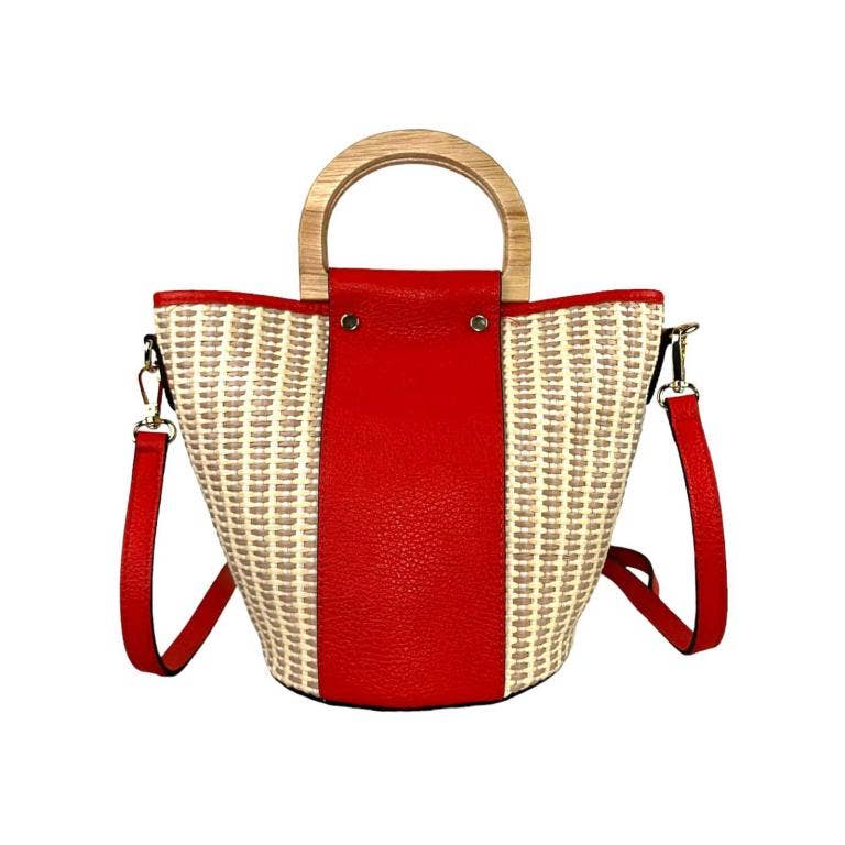 Italian Raffia and Leather Bucket Bag with 2 Wooden Handles