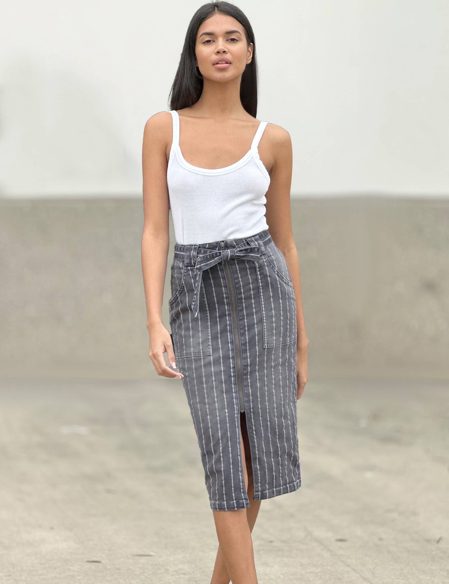 Sally Tie It Up Skirt | Charcoal Stripe