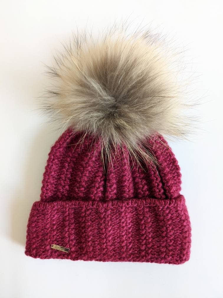 Cashmere Chunky Knit Hat with Detachable Raccoon Fur Pom