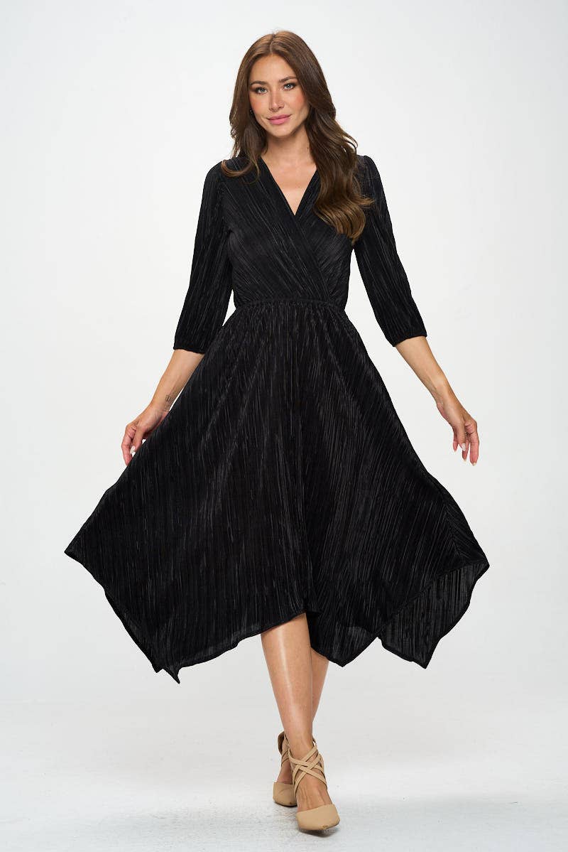 Plisse V neck Dress with Asymmetrical Hem (Made in USA)