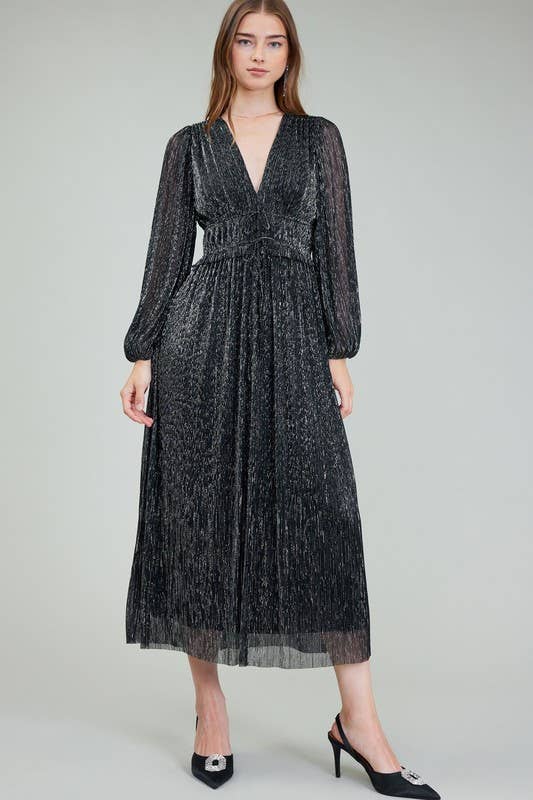 Metallic Pleated Maxi Dress | Black Silver