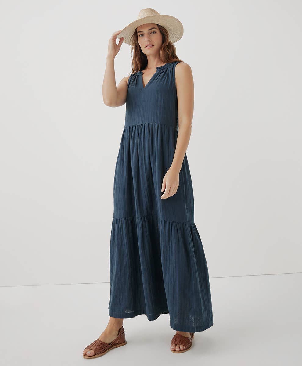 Coastal Double Gauze Ruffle Maxi Dress | French Navy