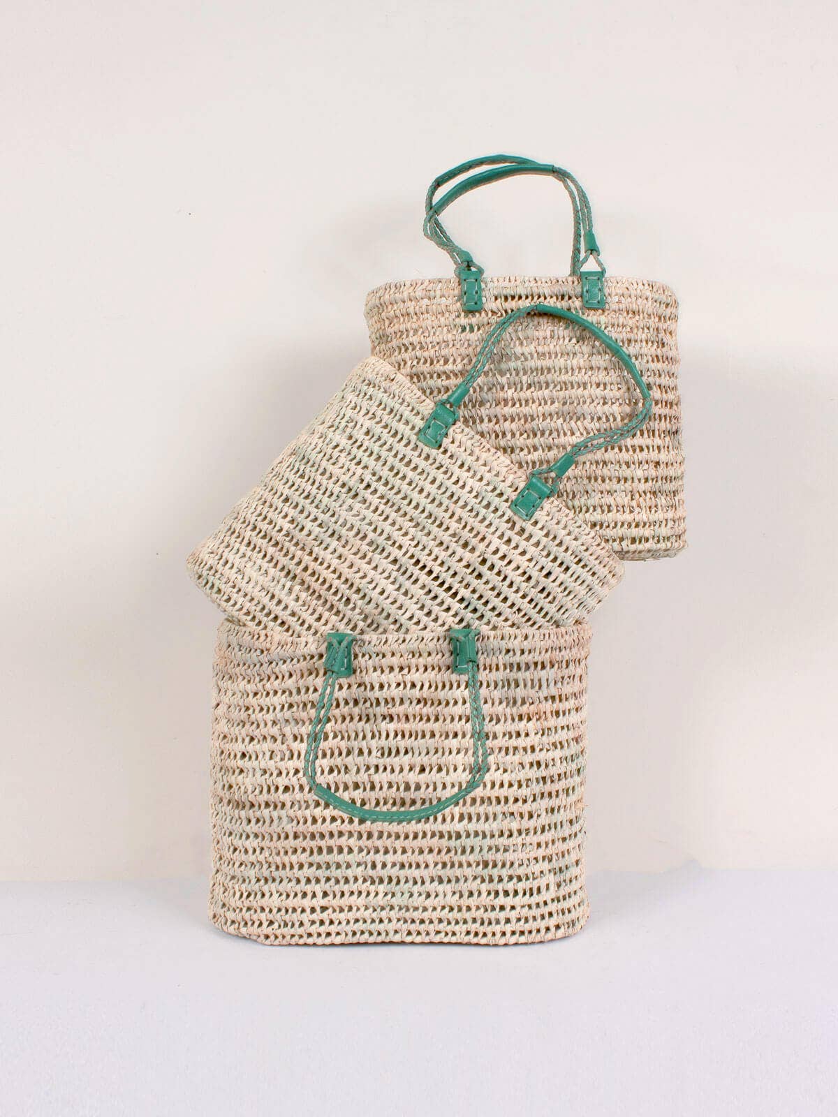 Pleated Leather Handle Basket - Sage