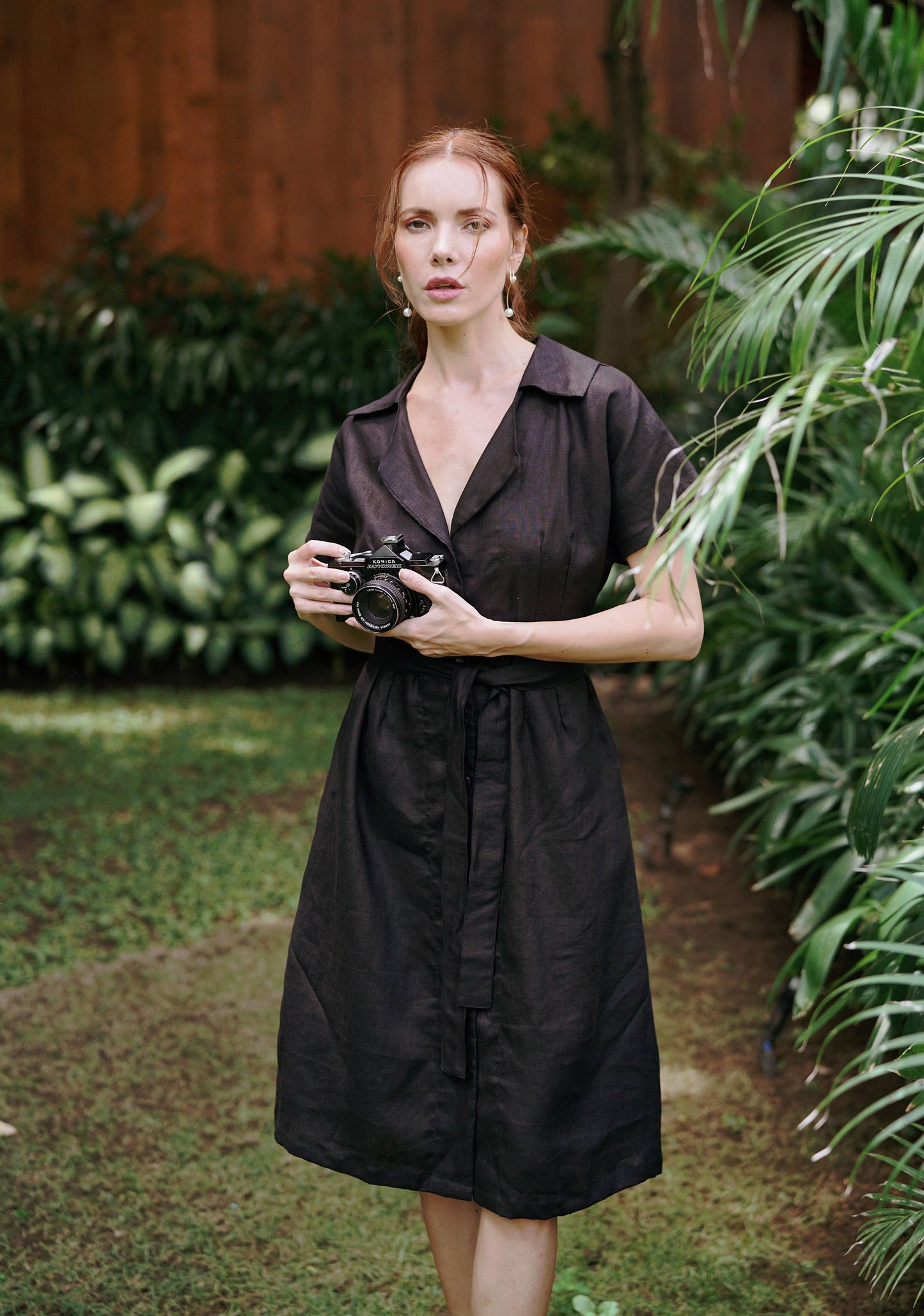 ARYA Safari Linen Midi Dress | Black