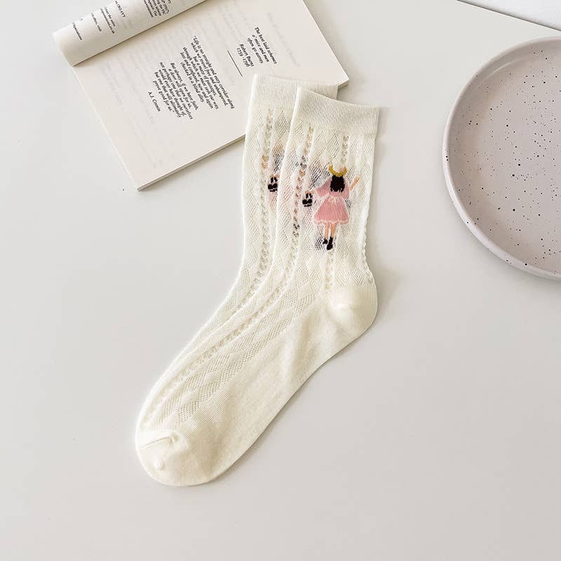 Women’s Sheer Cotton Crew Socks with Illustrated Girls