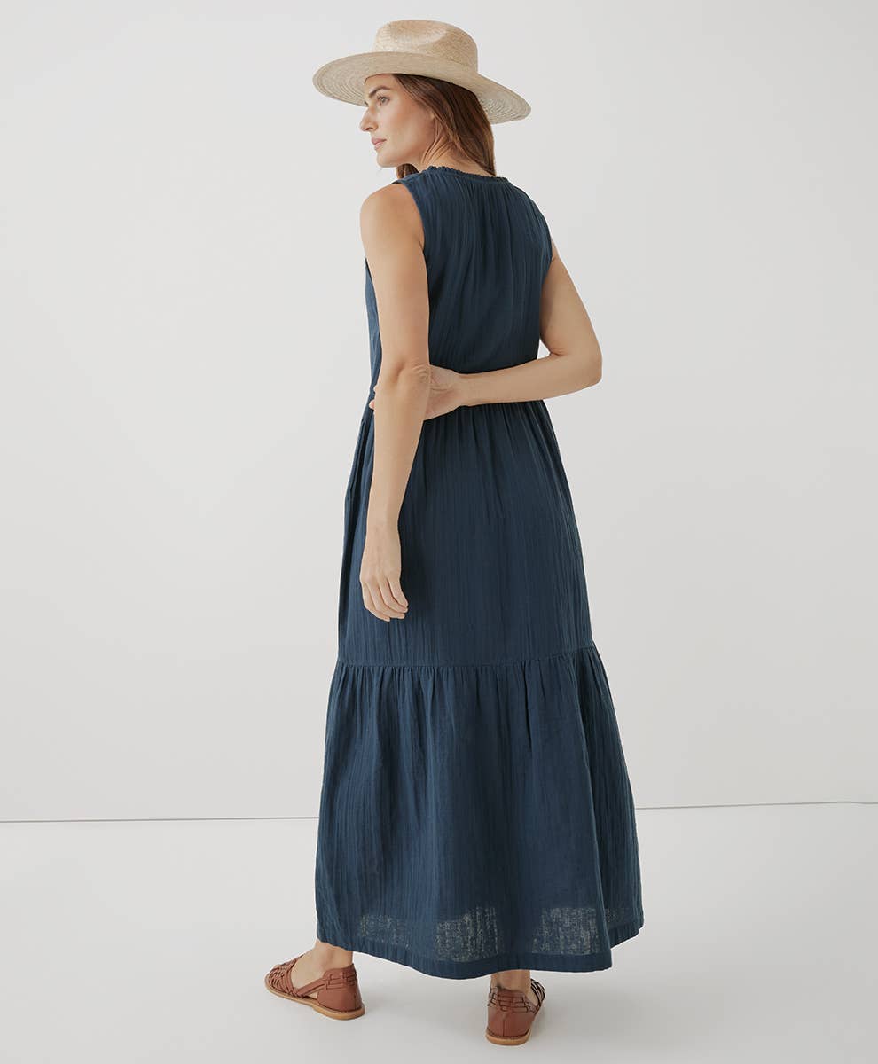 Coastal Double Gauze Ruffle Maxi Dress | French Navy