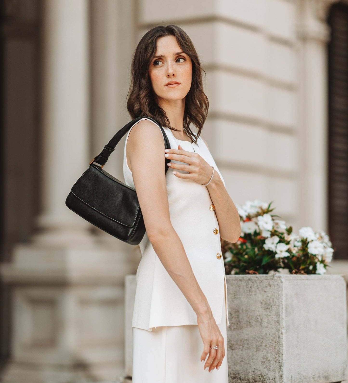 Leather Baguette Handbag for Women - Bright Lights, Big City