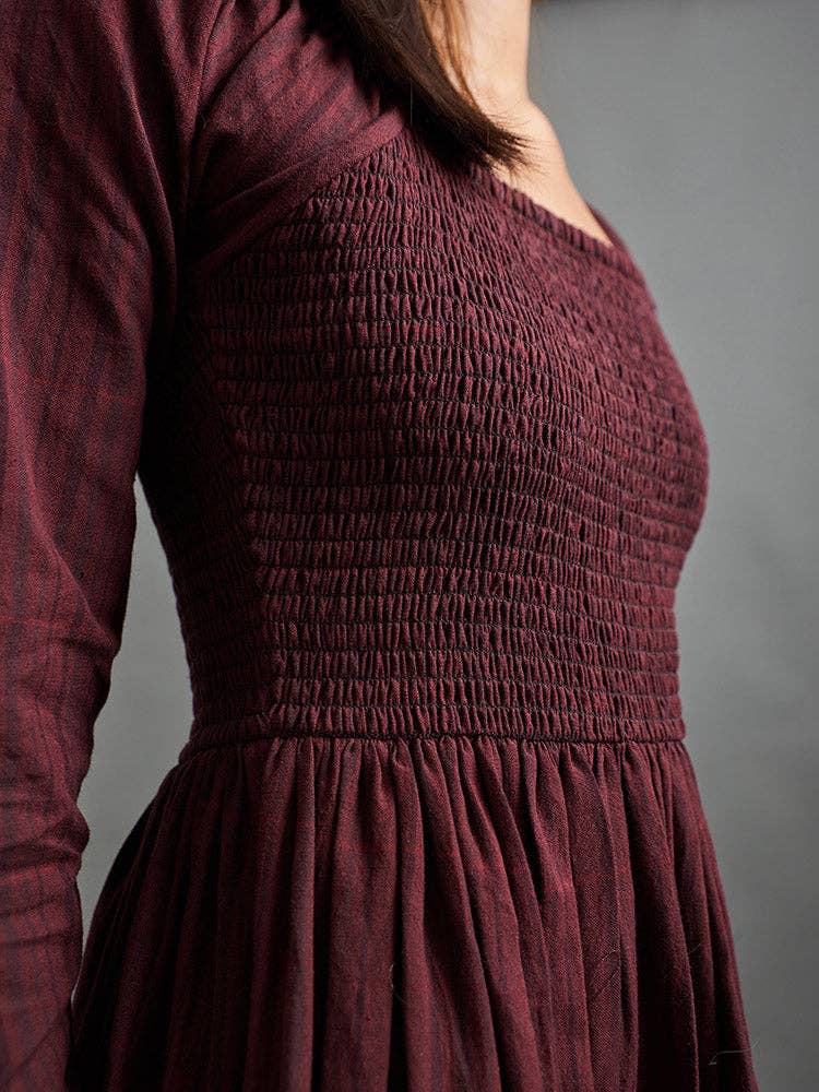 Hailee Smocked Cotton Midi Dress | Maroon Plaid