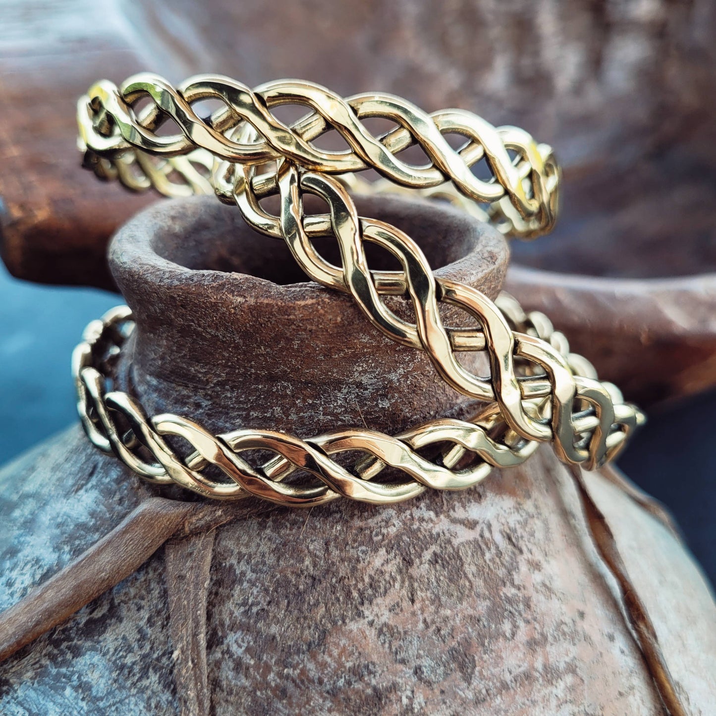 Handcrafted brass bangle bracelet braided twist style