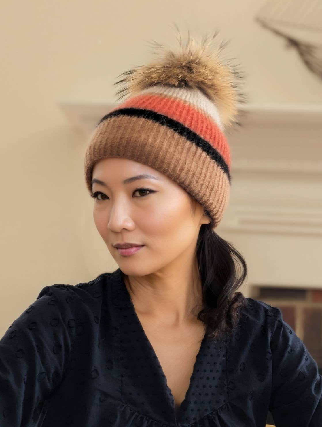 Striped mohair hat with fur pompom and fleece band lining