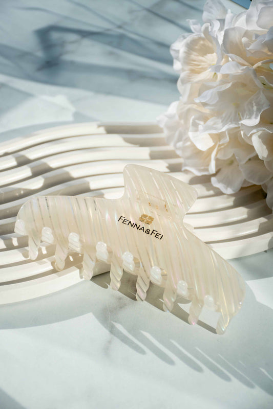 Glamour Grip Wave Claw in White Opal | White Pearlescent Rainbow | Italian Acetate Tortoise Large Hair Clip
