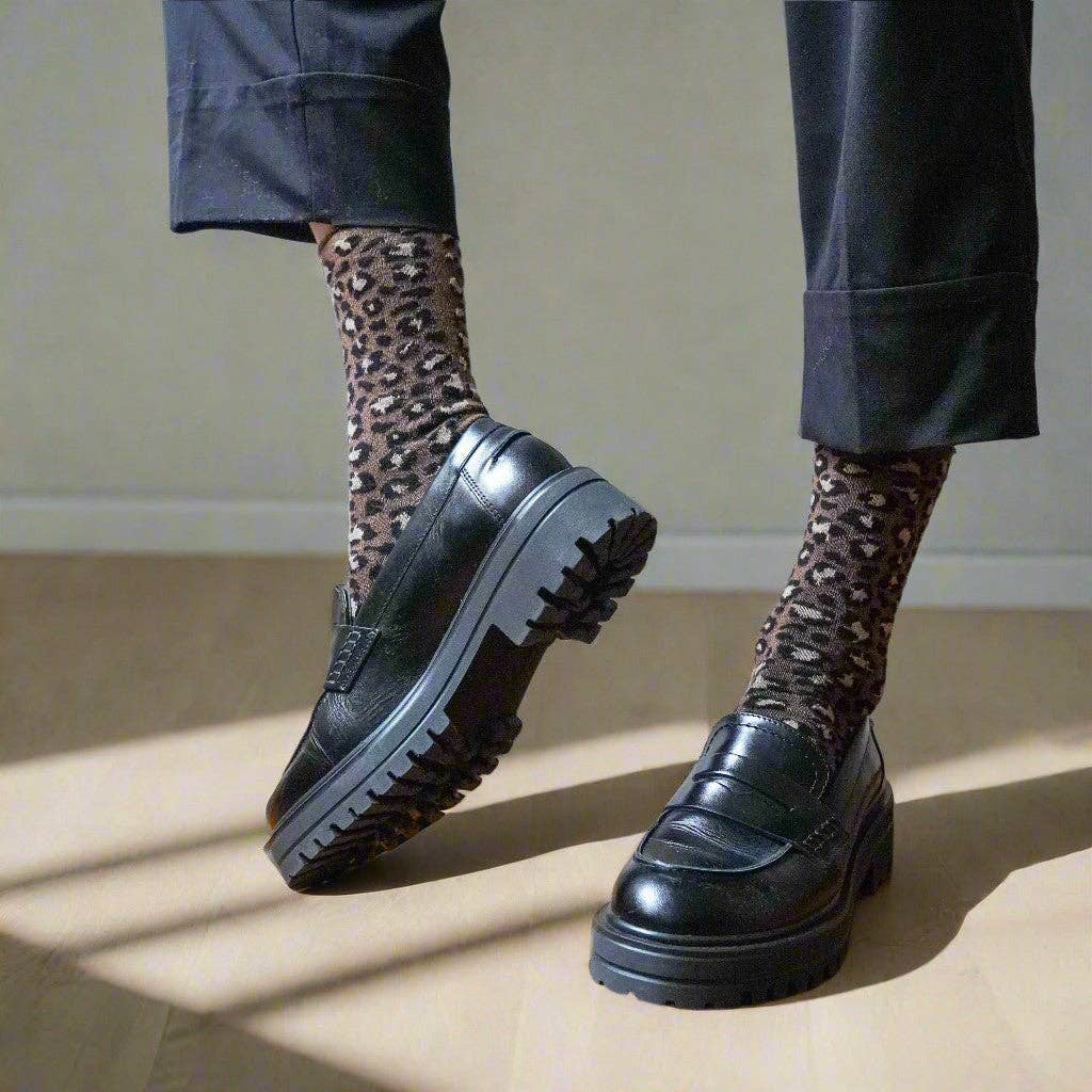 KLUE Glitter Lurex socks in eco-friendly Lyocell | Leopard brown