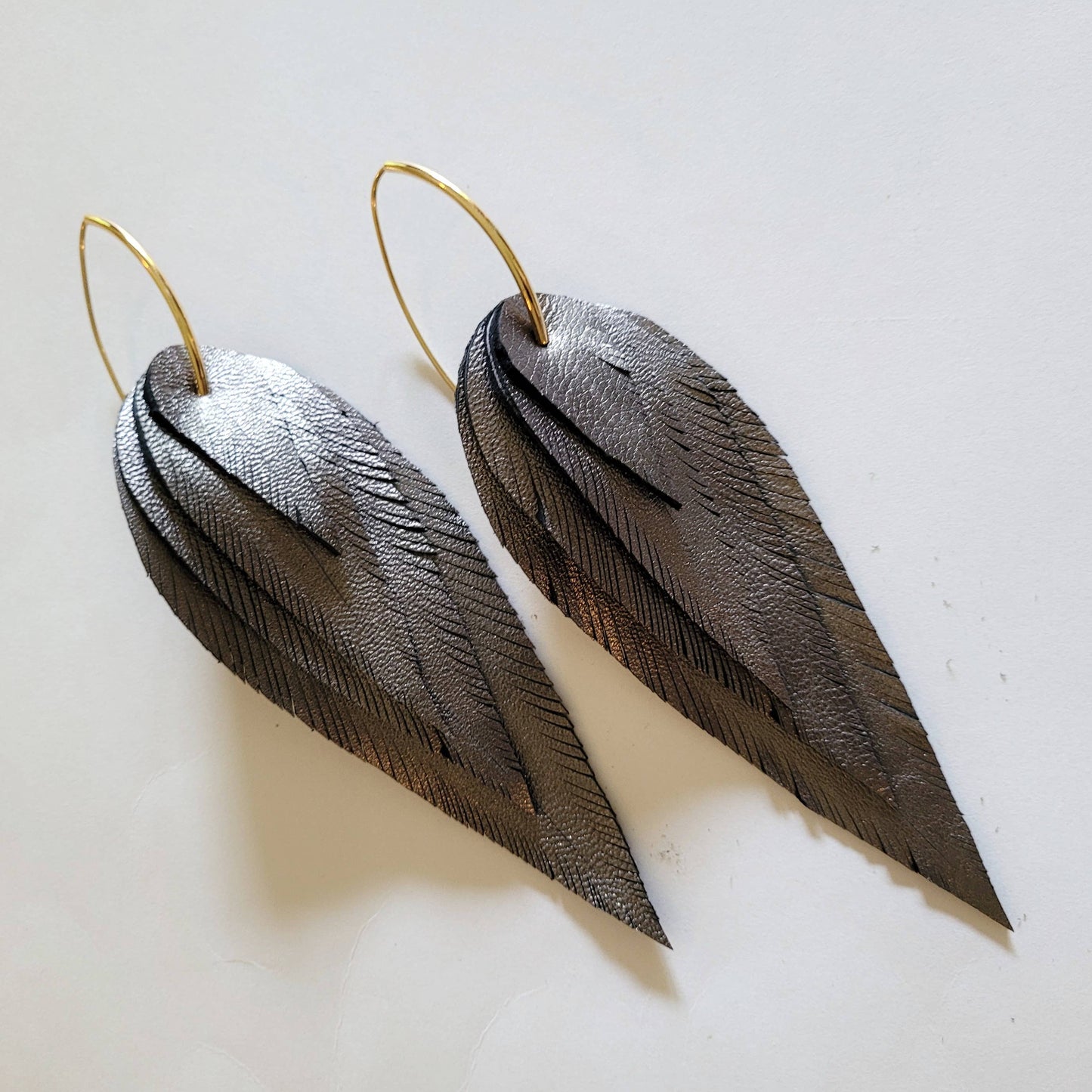 Handmade Metallic Leather Feather Earrings #BX41