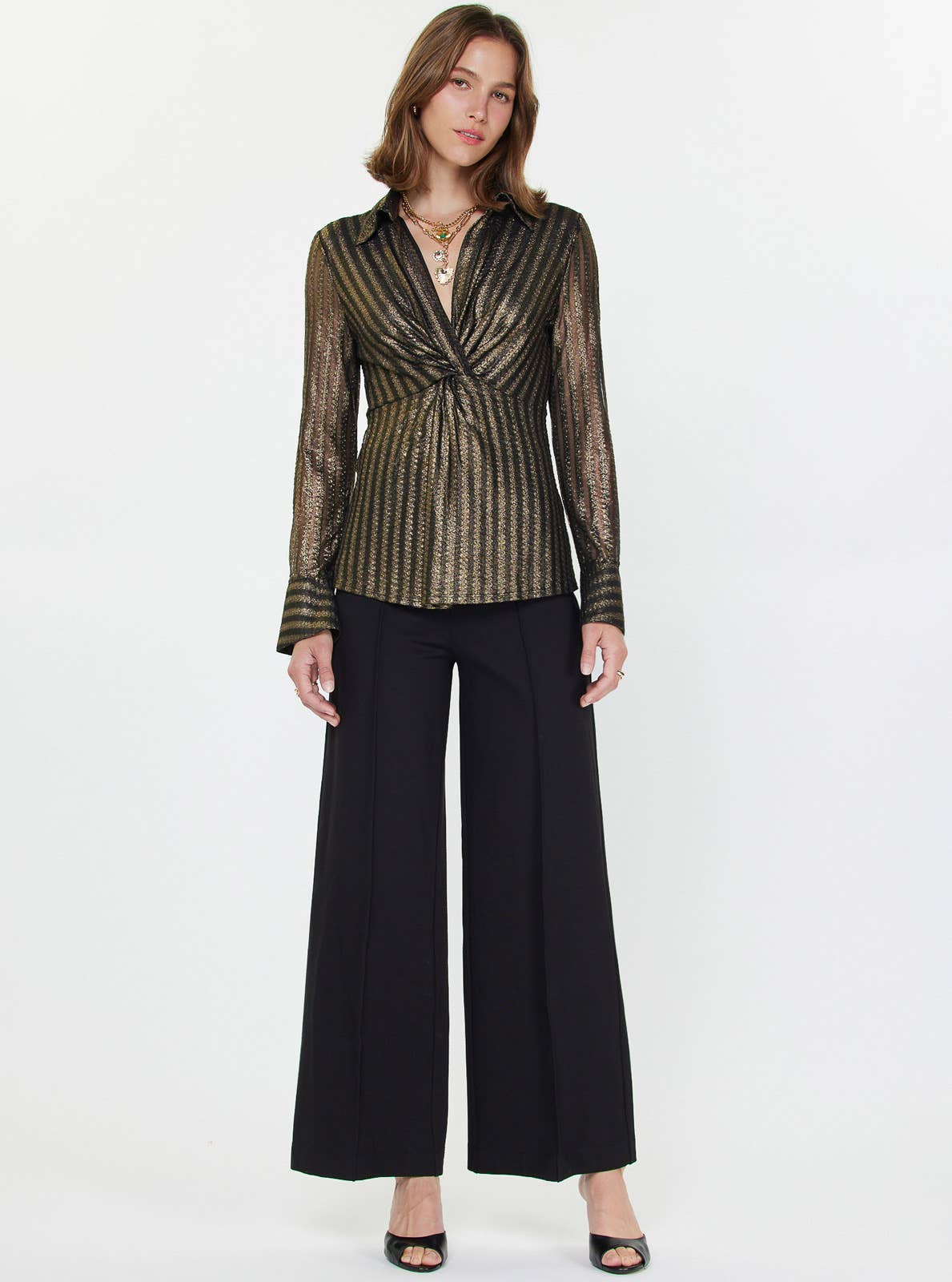 Black/Gold Metallic Striped Twist-Front Blouse