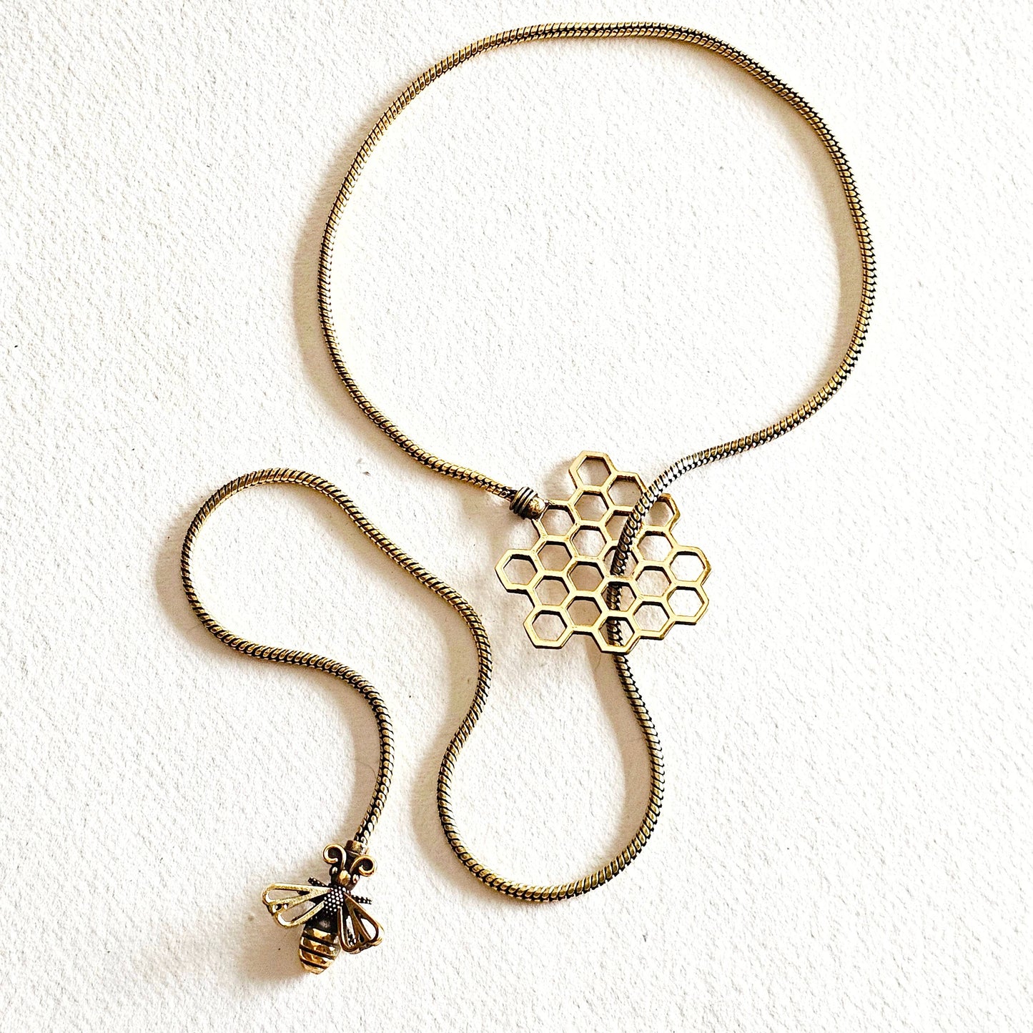 Brass Bee Honeycomb Chain Lariat Necklace BX37