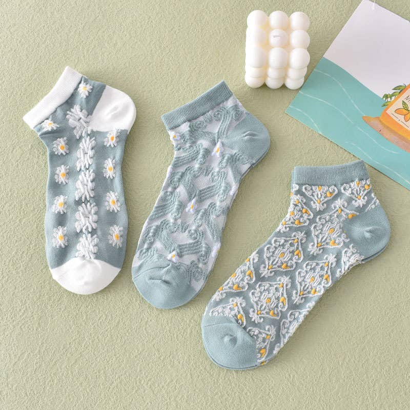 Blue Floral Ankle Socks - Knitted Vintage Low Cut Socks