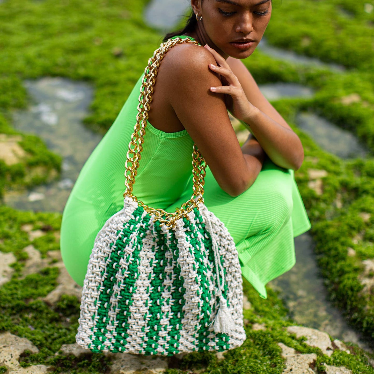 COLETTE Macrame Beach Bag In Green X Off-White