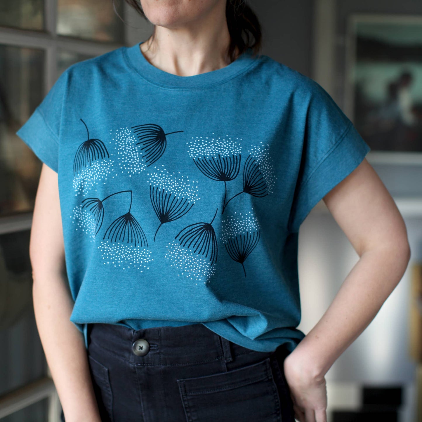 Eucalyptus Flowers Loose Fit Boxy Cap Sleeve Tee Deep Teal