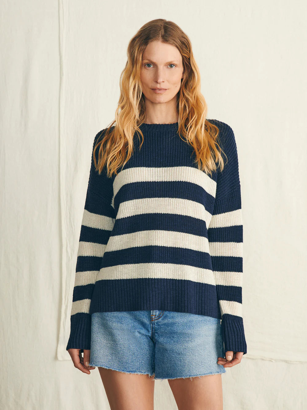 Miramar Linen Crew Sweater | Navy Stripe