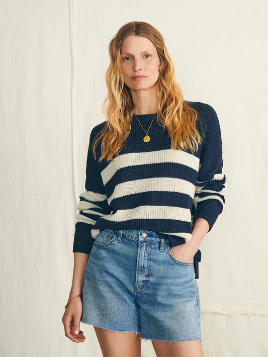 Miramar Linen Crew Sweater | Navy Stripe