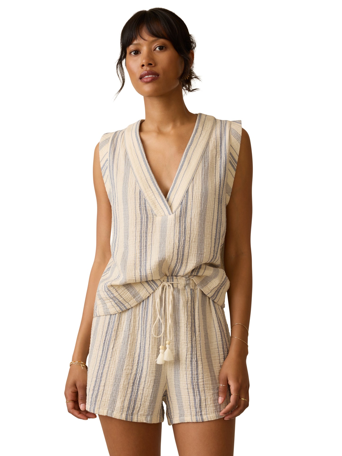 Dune Cotton Gauze Sleeveless Popover | Aqua Sea Stripe