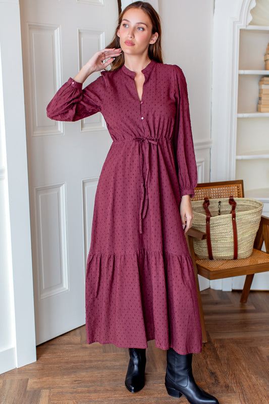 Emerson Fry Frances 3 Dress | Burgandy Swiss Dot Organic