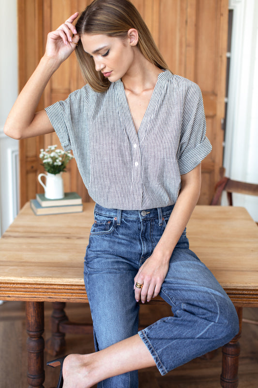 Emerson Fry Mandarin Collar Top | Charcoal Stripe
